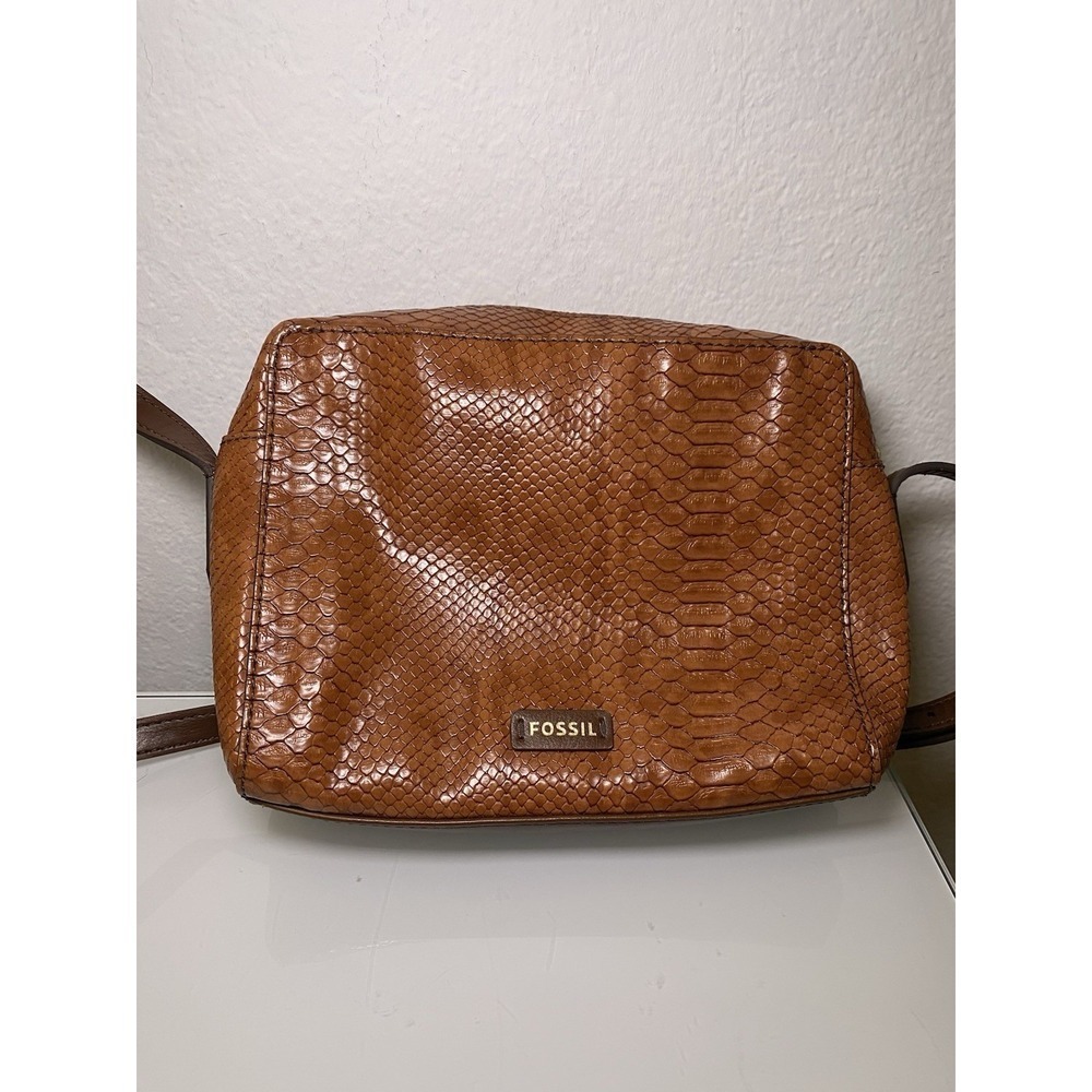 Fossil Croc Leather Effect Messenger Bag Baked Clay Tan And Brown Crossbody